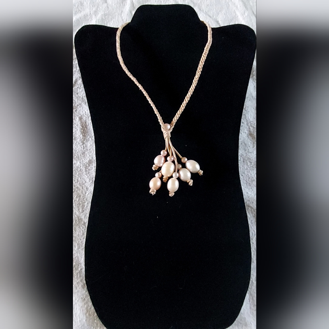 Handmade Natural Braided Leather And Pink & Lavender Pearl Dangle Necklace